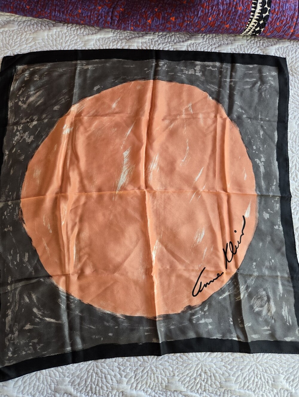 Rare Anne Klein Coral and Gray Signature Silk Scarf - Picture 3 of 4